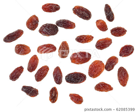 Top view of Dried raisins isolated on white 62085399