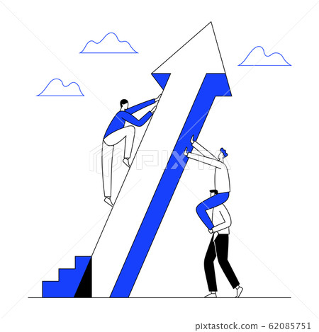 Man climbs the rising arrow with teamwork help to success. Business growth, progress concept. Man climbs the rising arrow with teamwork help to success. Business growth, progress concept. 62085751
