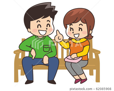 Young people relaxing on a park bench 62085908