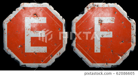 Set of letters E, F made of public road sign in red and white with a capital in the center isolated on black background. 3d 62086605
