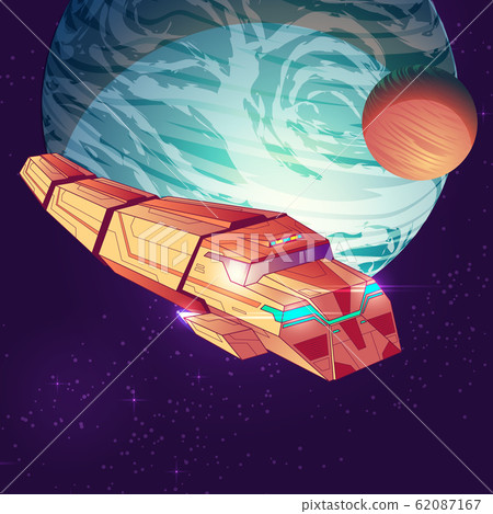 cargo spaceship on big planet background. cargo spaceship on big planet background. 62087167