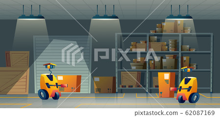 cartoon storehouse, storage with robot-workers, automation cartoon storehouse, storage with robot-workers, automation 62087169