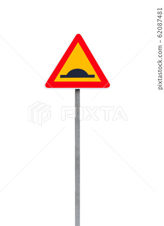 Speed Hump, triangle traffic sign on a metal pole Speed Hump, triangle traffic sign on a metal pole 62087481
