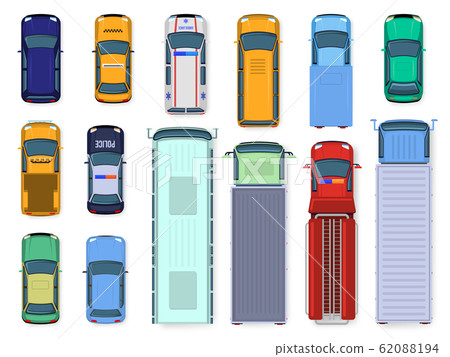 Car top view. Street vehicle engine roof viewing, traffic cars, city bus, ambulance and truck, public and civil transport isolated vector illustration set Car top view. Street vehicle engine roof viewing, traffic cars, city bus, ambulance and truck, public and civil transport isolated vector illustration set 62088194