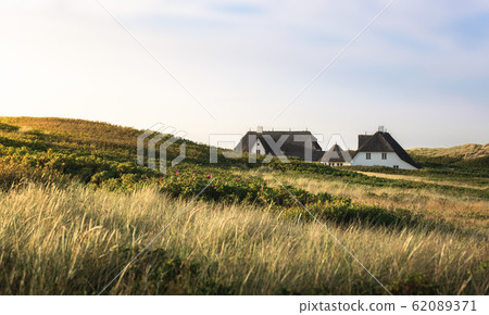 Thatched roof houses and grassy dunes on Sylt Thatched roof houses and grassy dunes on Sylt 62089371