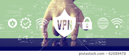 VPN concept with hand pressing a screen 62089478