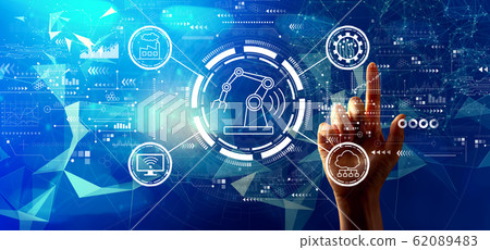 Smart industry concept with hand pressing a button 62089483