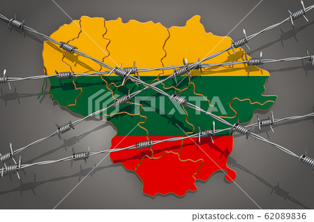 Map of Lithuania with barbed wire, 3D rendering 62089836