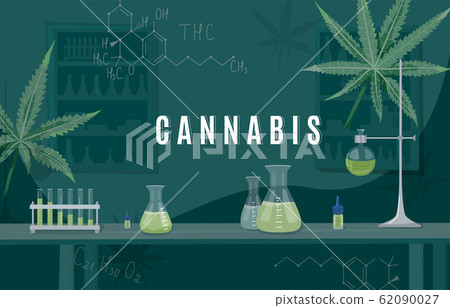 Cannabis medical research in a laboratory. Hemp oil production in the lab. Cbd and thc chemistry concept. Vector background in simple flat style with empty copy space at the centre for your text Cannabis medical research in a laboratory. Hemp oil production in the lab. Cbd and thc chemistry concept. Vector background in simple flat style with empty copy space at the centre for your text 62090027