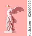 3D Model Of Winged Victory With Golden VR Glasses On Pink Background. Concept Of Art Inside Virtual Reality. 62090029