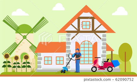 Man worker or owner mows lawn near country house vector illustration. Motorcycle and electric two lawn mowers garden machine. Mill, blooming sunflowers. Man worker or owner mows lawn near country house vector illustration. Motorcycle and electric two lawn mowers garden machine. Mill, blooming sunflowers. 62090752