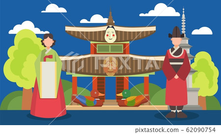 Tourism, travel invitation to visit Korea vector illustration. People man, woman in traditional Korean costumes. Landmarks, attractions symbols, Korean architecture. 62090754