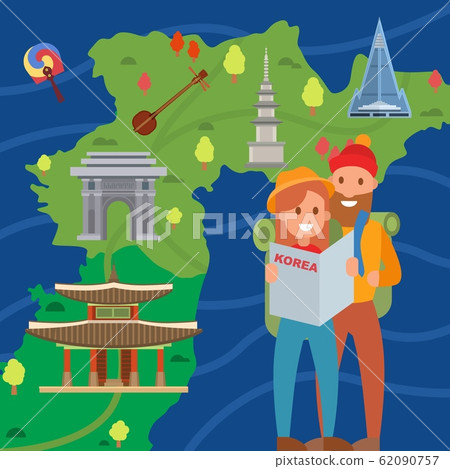 Couple of travelers on background Korea map vector illustration. Young man and woman tourists in Korea. Visiting Korea landmarks symbols architecture advertising tourism. 62090757
