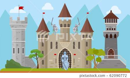 Knights and old medieval castle vector illustration. Ancient architecture fortress with towers. Knights warriors in armor, with weapons swords and shields. Knights and old medieval castle vector illustration. Ancient architecture fortress with towers. Knights warriors in armor, with weapons swords and shields. 62090772
