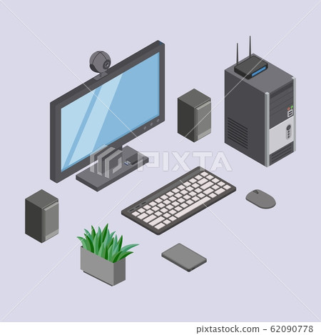Computer and digital equipments, devices at desktop workplace vector illustration. Computer and digital equipments, devices at desktop workplace vector illustration. 62090778
