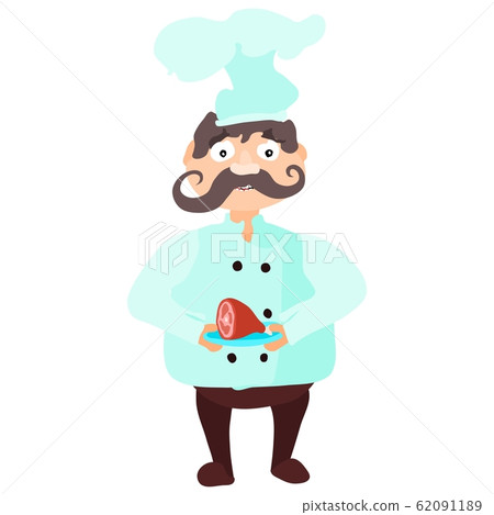 cook with a piece of meat on a plate. fresh food 62091189