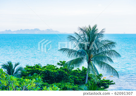 Beautiful outdoor beach sea ocean with coconut palm and other tree around island for travel in holiday vacation 62091307