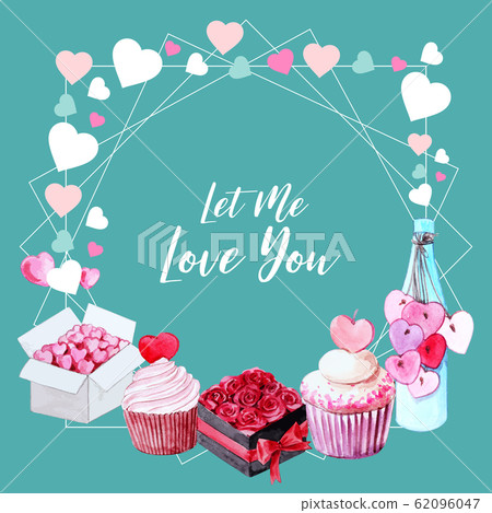 Love wreath design with roses, cupcake watercolor Love wreath design with roses, cupcake watercolor 62096047