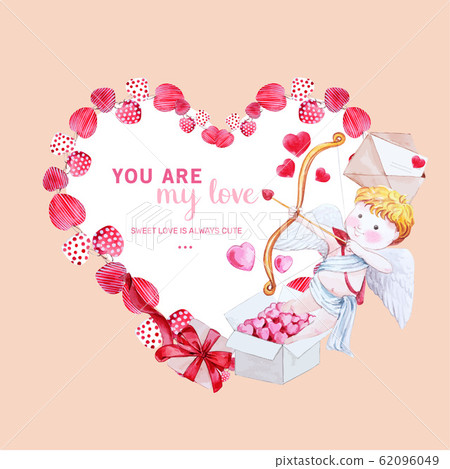 Love wreath design with cupid, heart watercolor 62096049