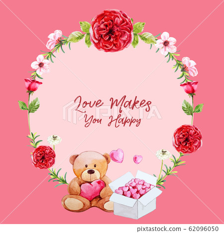 Love wreath design with flowers, teddy bear 62096050