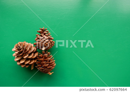 Fruit pine cone on green background top view copy Fruit pine cone on green background top view copy 62097664
