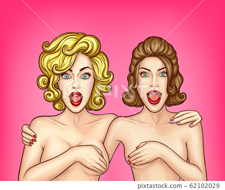 Two surprised naked women hiding breasts - Stock Illustration 62102029