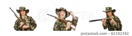 Girl in military uniform holding the gun isolated on white Girl in military uniform holding the gun isolated on white 62102392