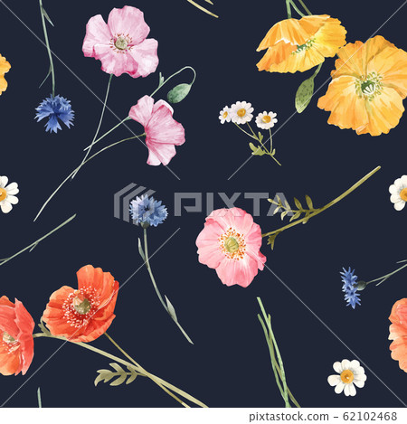 Beautiful vector floral summer seamless pattern with watercolor hand drawn field wild flowers. Stock illustration. 62102468