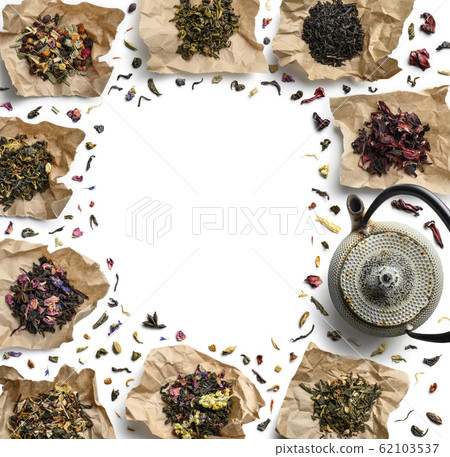 Large assortment of tea on a white background. The view from the top 62103537