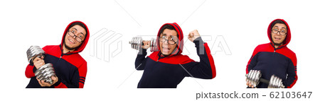 Young man with dumbbells isolated on white Young man with dumbbells isolated on white 62103647
