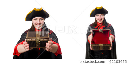Female pirate in black coat isolated on white Female pirate in black coat isolated on white 62103653