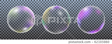 Realistic soap bubbles, set of design elements isolated on transparent background. Vector illustration 62103860