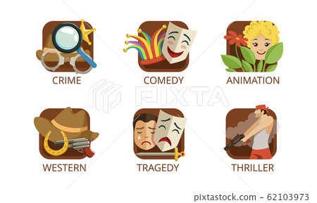 Cinema Genres Set, Crime, Comedy, Animation, Western, Tragedy, Thriller, Cinematography, Movie Production Sign Vector Illustration 62103973