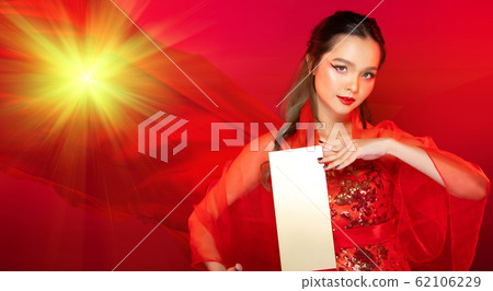 Asian Woman in Red Traditional costume Vintage Asian Woman in Red Traditional costume Vintage 62106229