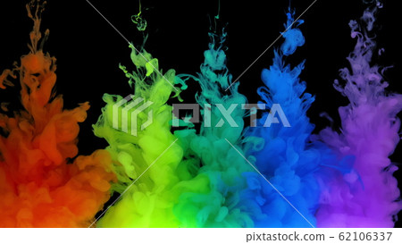 Multicolored composition from ink streams. ink streams from the rainbow spectrum float and mix in the center of the composition. Colorful abstract combination of acrylic rainbow colored black 62106337