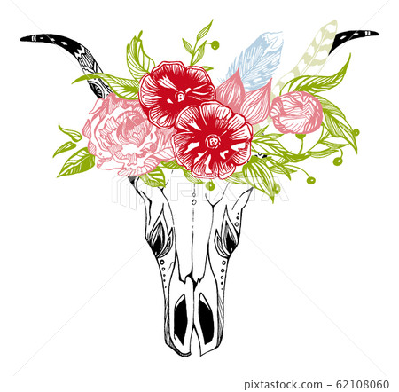 Cow, buffalo, bull skull in tribal style with flowers. Bohemian, boho vector illustration. Wild and free ethnic gypsy symbol. 62108060
