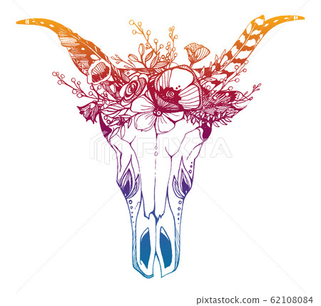 Cow, buffalo, bull skull in tribal style with flowers. Bohemian, boho vector illustration. Wild and free ethnic gypsy symbol. 62108084