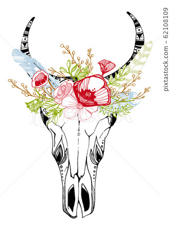 Cow, buffalo, bull skull in tribal style with flowers. Bohemian, boho vector illustration. Wild and free ethnic gypsy symbol. Cow, buffalo, bull skull in tribal style with flowers. Bohemian, boho vector illustration. Wild and free ethnic gypsy symbol. 62108109