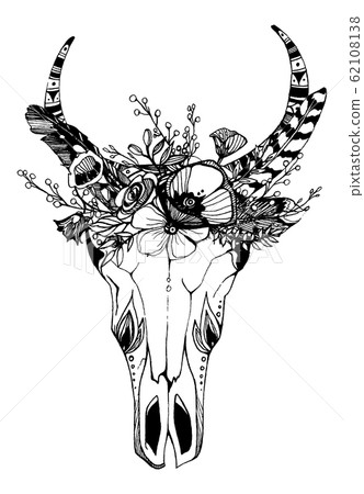 Cow, buffalo, bull skull in tribal style with flowers. Bohemian, boho vector illustration. Wild and free ethnic gypsy symbol. 62108138