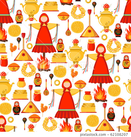 Maslenitsa or Shrovetide vector seamless pattern in flat style isolated on white background. Maslenitsa or Shrovetide vector seamless pattern in flat style isolated on white background. 62108207