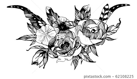 Bohemian style flowers. Roses and peony for wedding invitation design. Vector illustration with boho deer horns. Bohemian style flowers. Roses and peony for wedding invitation design. Vector illustration with boho deer horns. 62108225