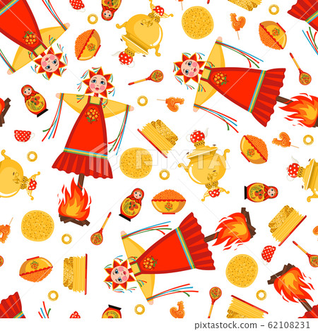 Maslenitsa or Shrovetide vector seamless pattern in flat style isolated on white background. 62108231