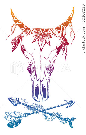 Cow, buffalo, bull skull in tribal style with flowers. Bohemian, boho vector illustration. Wild and free ethnic gypsy symbol. Cow, buffalo, bull skull in tribal style with flowers. Bohemian, boho vector illustration. Wild and free ethnic gypsy symbol. 62108239