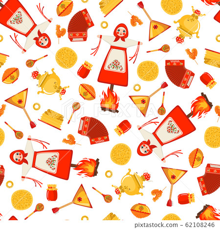 Maslenitsa or Shrovetide vector seamless pattern in flat style isolated on white background. 62108246