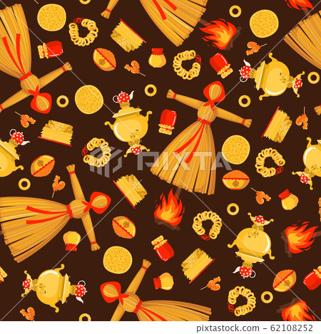 Maslenitsa or Shrovetide vector seamless pattern in flat style on brown background. Maslenitsa or Shrovetide vector seamless pattern in flat style on brown background. 62108252