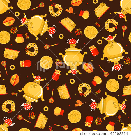 Maslenitsa or Shrovetide vector seamless pattern in flat style on brown background. Maslenitsa or Shrovetide vector seamless pattern in flat style on brown background. 62108264