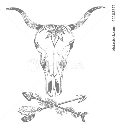 Cow, buffalo, bull skull in tribal style with flowers. Bohemian, boho vector illustration. Wild and free ethnic gypsy symbol. Cow, buffalo, bull skull in tribal style with flowers. Bohemian, boho vector illustration. Wild and free ethnic gypsy symbol. 62108271