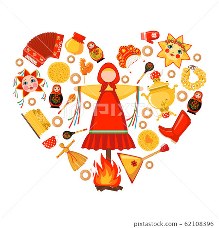 Maslenitsa or Shrovetide vector greeting card in heart shape in flat style isolated on white background. 62108396