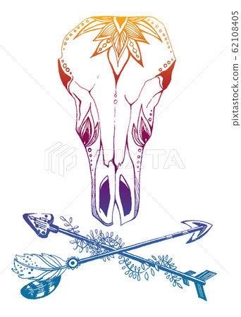 Cow, buffalo, bull skull in tribal style with flowers. Bohemian, boho vector illustration. Wild and free ethnic gypsy symbol. 62108405