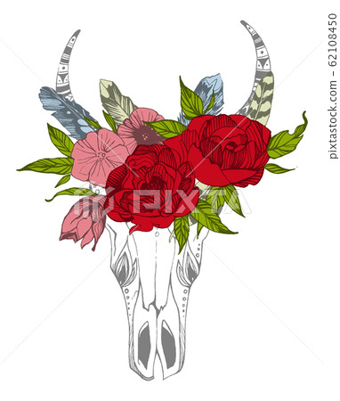 Cow, buffalo, bull skull in tribal style with flowers. Bohemian, boho vector illustration. Wild and free ethnic gypsy symbol. 62108450